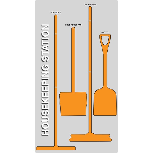 5S Housekeeping Shadow Board Broom Station Version 10 - Gray Board / Orange Shadows  With Broom